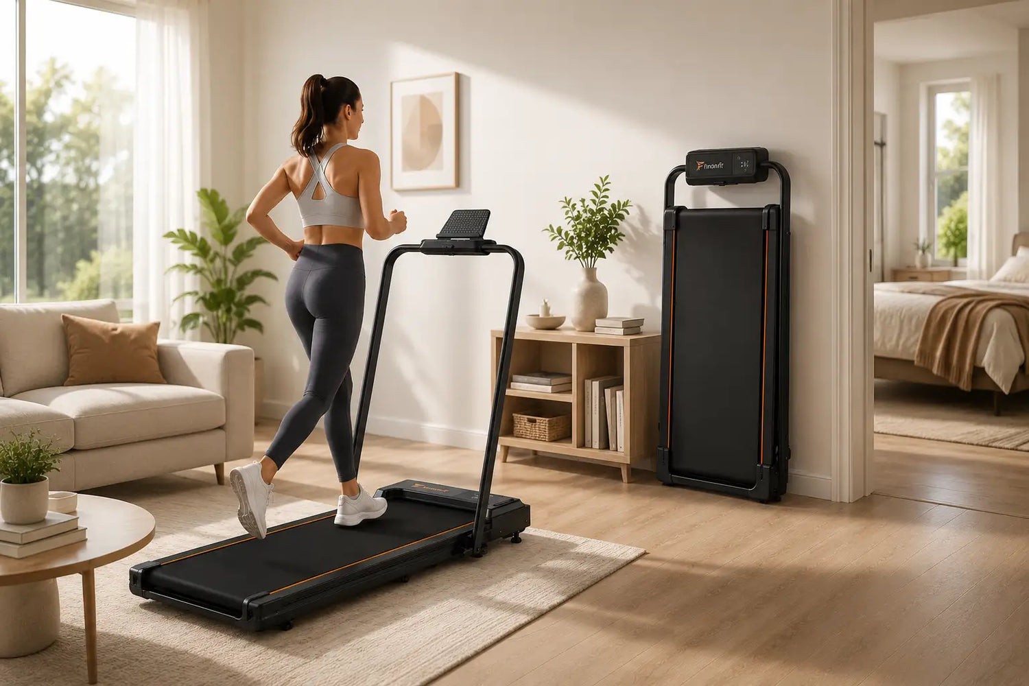 Femme s'entraînant sur un tapis de course pliable dans son salon, illustrant le rangement facile avec un modèle plié contre le mur.