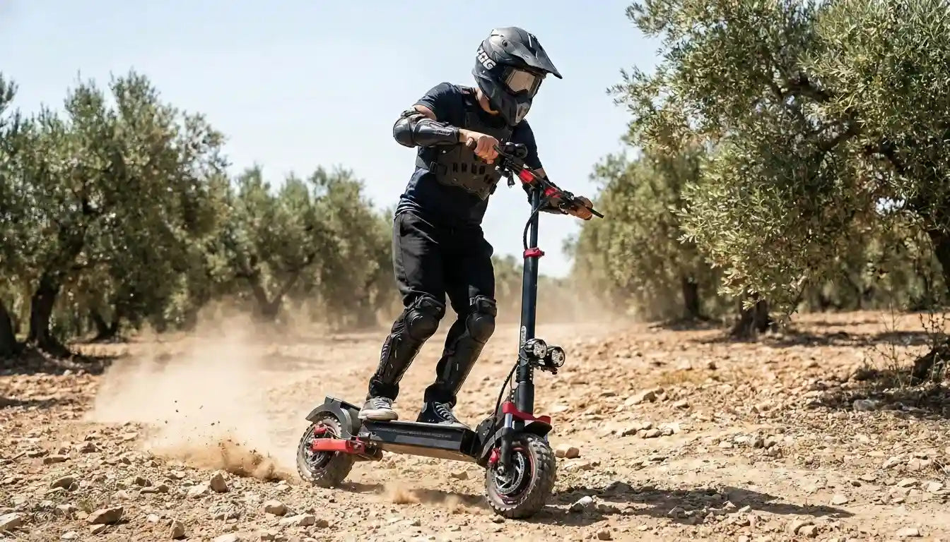 Homme avec protections complètes pilotant une trottinette électrique tout-terrain sur un chemin de terre rocailleux dans une oliveraie.
